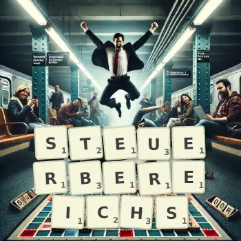 Kreative Illustration für ein Scrabble-Spiel, bei dem das Wort STEUERBEREICHS mit Steinen auf dem Brett gelegt wurde.