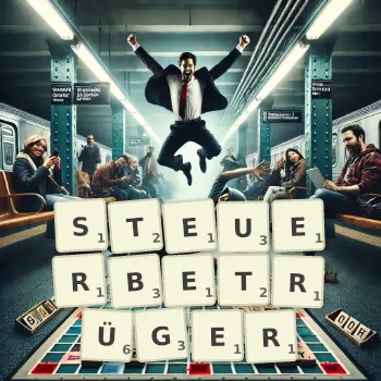 Kreative Illustration für ein Scrabble-Spiel, bei dem das Wort STEUERBETRÜGER mit Steinen auf dem Brett gelegt wurde.
