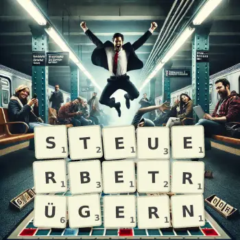 Kreative Illustration für ein Scrabble-Spiel, bei dem das Wort STEUERBETRÜGERN mit Steinen auf dem Brett gelegt wurde.