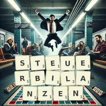 Kreative Illustration für ein Scrabble-Spiel, bei dem das Wort STEUERBILANZEN mit Steinen auf dem Brett gelegt wurde.