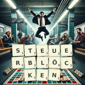Kreative Illustration für ein Scrabble-Spiel, bei dem das Wort STEUERBLÖCKEN mit Steinen auf dem Brett gelegt wurde.
