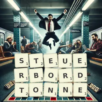 Kreative Illustration für ein Scrabble-Spiel, bei dem das Wort STEUERBORDTONNE mit Steinen auf dem Brett gelegt wurde.