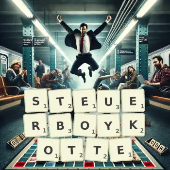 Kreative Illustration für ein Scrabble-Spiel, bei dem das Wort STEUERBOYKOTTE mit Steinen auf dem Brett gelegt wurde.