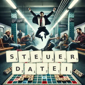 Kreative Illustration für ein Scrabble-Spiel, bei dem das Wort STEUERDATEI mit Steinen auf dem Brett gelegt wurde.