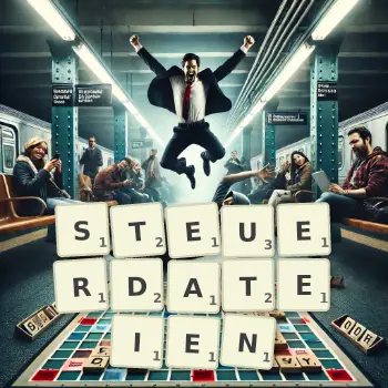 Kreative Illustration für ein Scrabble-Spiel, bei dem das Wort STEUERDATEIEN mit Steinen auf dem Brett gelegt wurde.