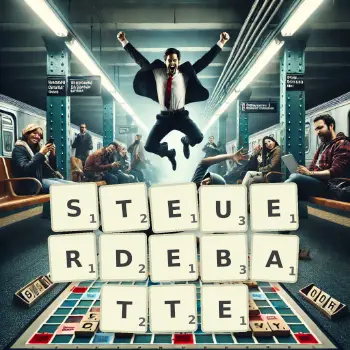 Kreative Illustration für ein Scrabble-Spiel, bei dem das Wort STEUERDEBATTE mit Steinen auf dem Brett gelegt wurde.