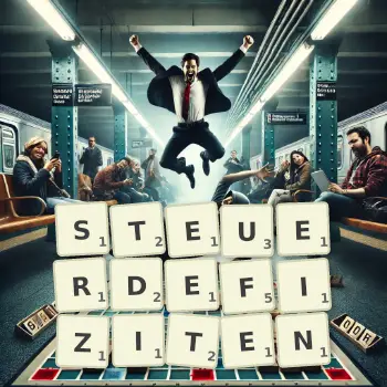 Kreative Illustration für ein Scrabble-Spiel, bei dem das Wort STEUERDEFIZITEN mit Steinen auf dem Brett gelegt wurde.