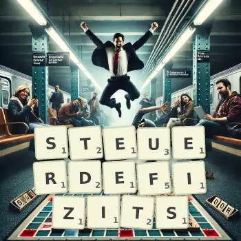 Kreative Illustration für ein Scrabble-Spiel, bei dem das Wort STEUERDEFIZITS mit Steinen auf dem Brett gelegt wurde.