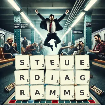 Kreative Illustration für ein Scrabble-Spiel, bei dem das Wort STEUERDIAGRAMMS mit Steinen auf dem Brett gelegt wurde.