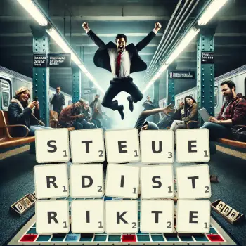 Kreative Illustration für ein Scrabble-Spiel, bei dem das Wort STEUERDISTRIKTE mit Steinen auf dem Brett gelegt wurde.