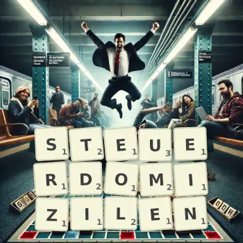 Kreative Illustration für ein Scrabble-Spiel, bei dem das Wort STEUERDOMIZILEN mit Steinen auf dem Brett gelegt wurde.