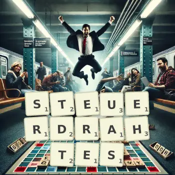 Kreative Illustration für ein Scrabble-Spiel, bei dem das Wort STEUERDRAHTES mit Steinen auf dem Brett gelegt wurde.