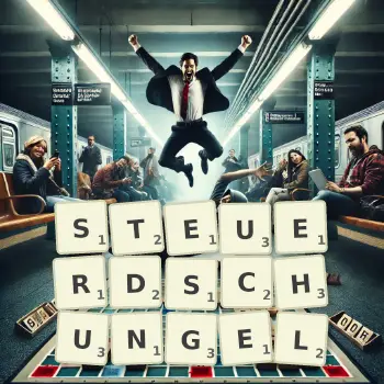 Kreative Illustration für ein Scrabble-Spiel, bei dem das Wort STEUERDSCHUNGEL mit Steinen auf dem Brett gelegt wurde.