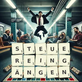 Kreative Illustration für ein Scrabble-Spiel, bei dem das Wort STEUEREINGÄNGEN mit Steinen auf dem Brett gelegt wurde.