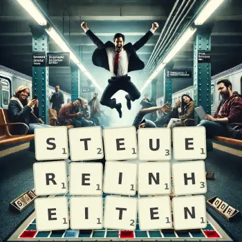 Kreative Illustration für ein Scrabble-Spiel, bei dem das Wort STEUEREINHEITEN mit Steinen auf dem Brett gelegt wurde.