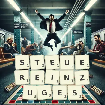 Kreative Illustration für ein Scrabble-Spiel, bei dem das Wort STEUEREINZUGES mit Steinen auf dem Brett gelegt wurde.