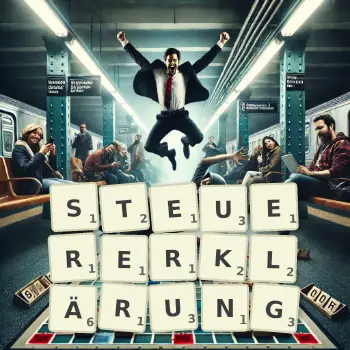 Kreative Illustration für ein Scrabble-Spiel, bei dem das Wort STEUERERKLÄRUNG mit Steinen auf dem Brett gelegt wurde.