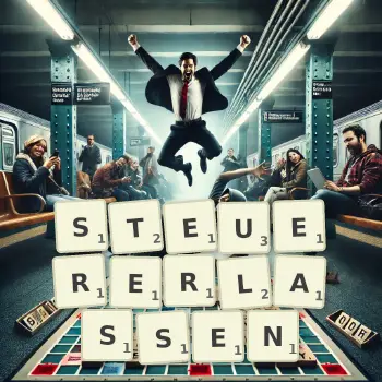 Kreative Illustration für ein Scrabble-Spiel, bei dem das Wort STEUERERLASSEN mit Steinen auf dem Brett gelegt wurde.