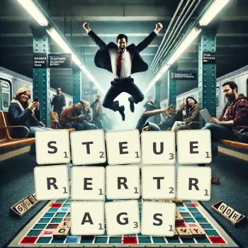 Kreative Illustration für ein Scrabble-Spiel, bei dem das Wort STEUERERTRAGS mit Steinen auf dem Brett gelegt wurde.