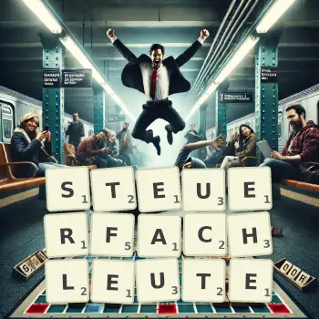 Kreative Illustration für ein Scrabble-Spiel, bei dem das Wort STEUERFACHLEUTE mit Steinen auf dem Brett gelegt wurde.