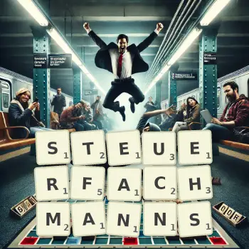 Kreative Illustration für ein Scrabble-Spiel, bei dem das Wort STEUERFACHMANNS mit Steinen auf dem Brett gelegt wurde.