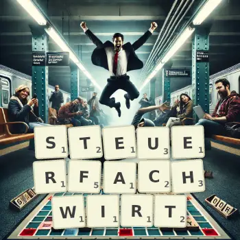Kreative Illustration für ein Scrabble-Spiel, bei dem das Wort STEUERFACHWIRT mit Steinen auf dem Brett gelegt wurde.