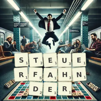 Kreative Illustration für ein Scrabble-Spiel, bei dem das Wort STEUERFAHNDER mit Steinen auf dem Brett gelegt wurde.