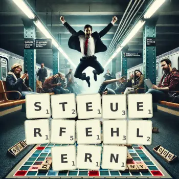 Kreative Illustration für ein Scrabble-Spiel, bei dem das Wort STEUERFEHLERN mit Steinen auf dem Brett gelegt wurde.