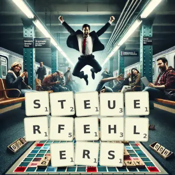Kreative Illustration für ein Scrabble-Spiel, bei dem das Wort STEUERFEHLERS mit Steinen auf dem Brett gelegt wurde.