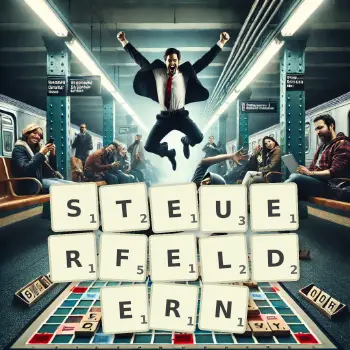 Kreative Illustration für ein Scrabble-Spiel, bei dem das Wort STEUERFELDERN mit Steinen auf dem Brett gelegt wurde.
