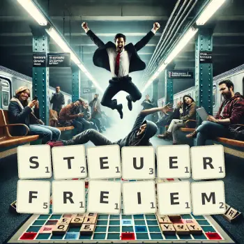 Kreative Illustration für ein Scrabble-Spiel, bei dem das Wort STEUERFREIEM mit Steinen auf dem Brett gelegt wurde.