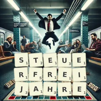 Kreative Illustration für ein Scrabble-Spiel, bei dem das Wort STEUERFREIJAHRE mit Steinen auf dem Brett gelegt wurde.