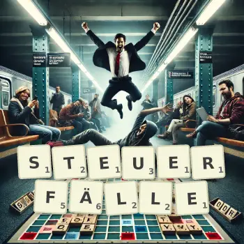 Kreative Illustration für ein Scrabble-Spiel, bei dem das Wort STEUERFÄLLE mit Steinen auf dem Brett gelegt wurde.