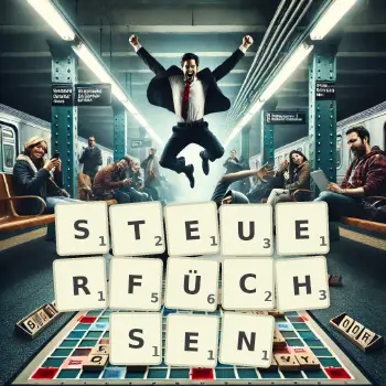 Kreative Illustration für ein Scrabble-Spiel, bei dem das Wort STEUERFÜCHSEN mit Steinen auf dem Brett gelegt wurde.