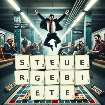 Kreative Illustration für ein Scrabble-Spiel, bei dem das Wort STEUERGEBIETE mit Steinen auf dem Brett gelegt wurde.