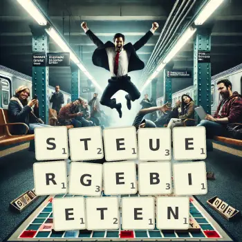 Kreative Illustration für ein Scrabble-Spiel, bei dem das Wort STEUERGEBIETEN mit Steinen auf dem Brett gelegt wurde.