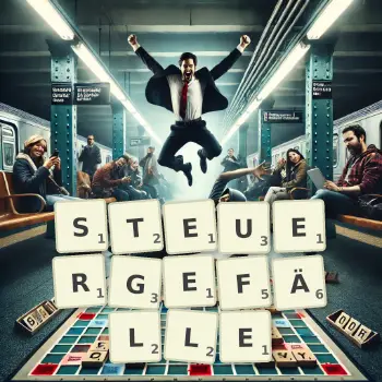 Kreative Illustration für ein Scrabble-Spiel, bei dem das Wort STEUERGEFÄLLE mit Steinen auf dem Brett gelegt wurde.
