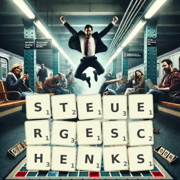 Kreative Illustration für ein Scrabble-Spiel, bei dem das Wort STEUERGESCHENKS mit Steinen auf dem Brett gelegt wurde.