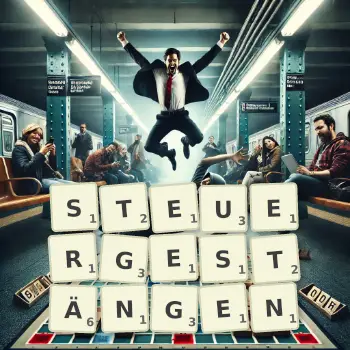 Kreative Illustration für ein Scrabble-Spiel, bei dem das Wort STEUERGESTÄNGEN mit Steinen auf dem Brett gelegt wurde.