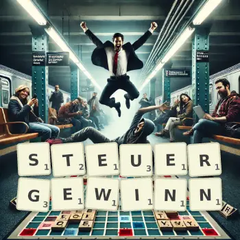 Kreative Illustration für ein Scrabble-Spiel, bei dem das Wort STEUERGEWINN mit Steinen auf dem Brett gelegt wurde.