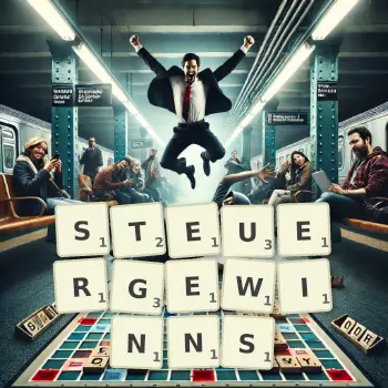 Kreative Illustration für ein Scrabble-Spiel, bei dem das Wort STEUERGEWINNS mit Steinen auf dem Brett gelegt wurde.