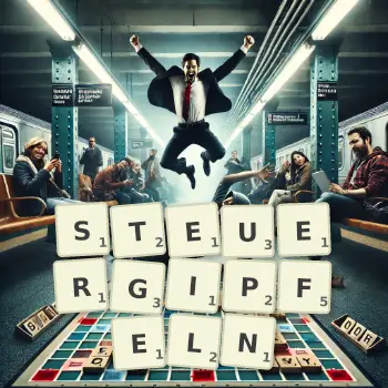 Kreative Illustration für ein Scrabble-Spiel, bei dem das Wort STEUERGIPFELN mit Steinen auf dem Brett gelegt wurde.