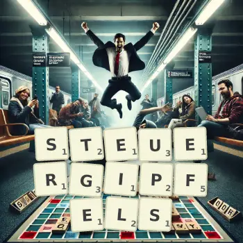 Kreative Illustration für ein Scrabble-Spiel, bei dem das Wort STEUERGIPFELS mit Steinen auf dem Brett gelegt wurde.