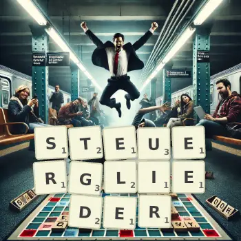 Kreative Illustration für ein Scrabble-Spiel, bei dem das Wort STEUERGLIEDER mit Steinen auf dem Brett gelegt wurde.