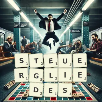 Kreative Illustration für ein Scrabble-Spiel, bei dem das Wort STEUERGLIEDES mit Steinen auf dem Brett gelegt wurde.