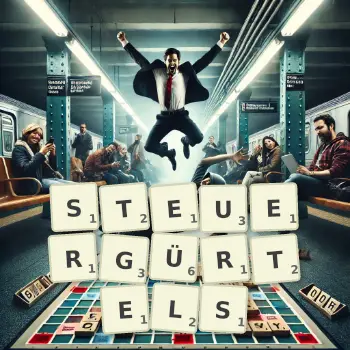 Kreative Illustration für ein Scrabble-Spiel, bei dem das Wort STEUERGÜRTELS mit Steinen auf dem Brett gelegt wurde.