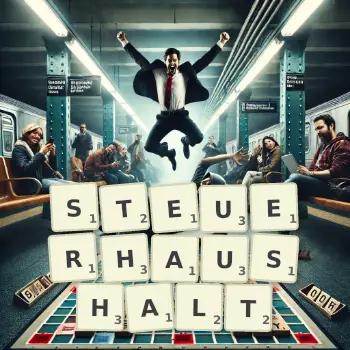 Kreative Illustration für ein Scrabble-Spiel, bei dem das Wort STEUERHAUSHALT mit Steinen auf dem Brett gelegt wurde.