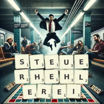 Kreative Illustration für ein Scrabble-Spiel, bei dem das Wort STEUERHEHLEREI mit Steinen auf dem Brett gelegt wurde.