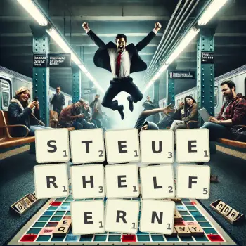 Kreative Illustration für ein Scrabble-Spiel, bei dem das Wort STEUERHELFERN mit Steinen auf dem Brett gelegt wurde.