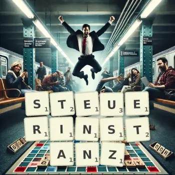 Kreative Illustration für ein Scrabble-Spiel, bei dem das Wort STEUERINSTANZ mit Steinen auf dem Brett gelegt wurde.